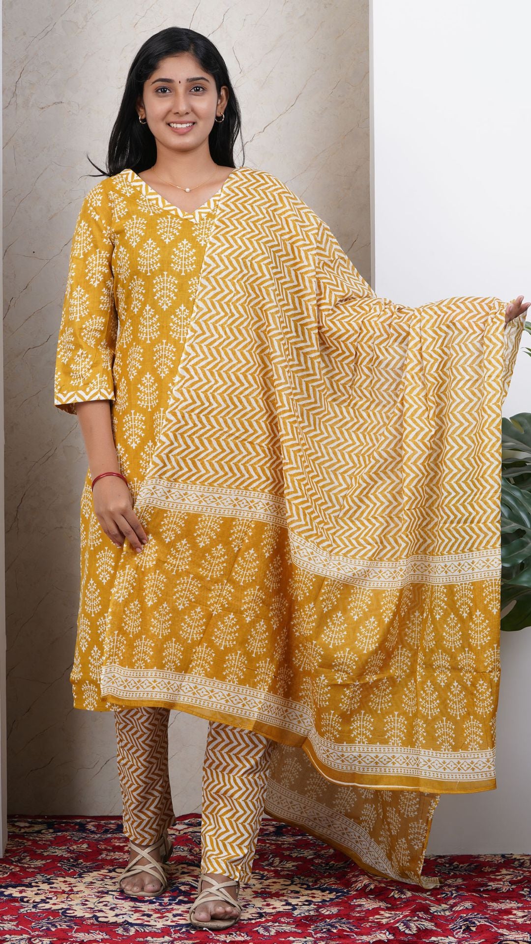 Yellow Soft Printed Cotton 3 Piece Kurta Set for Women | Office & Daily Wear