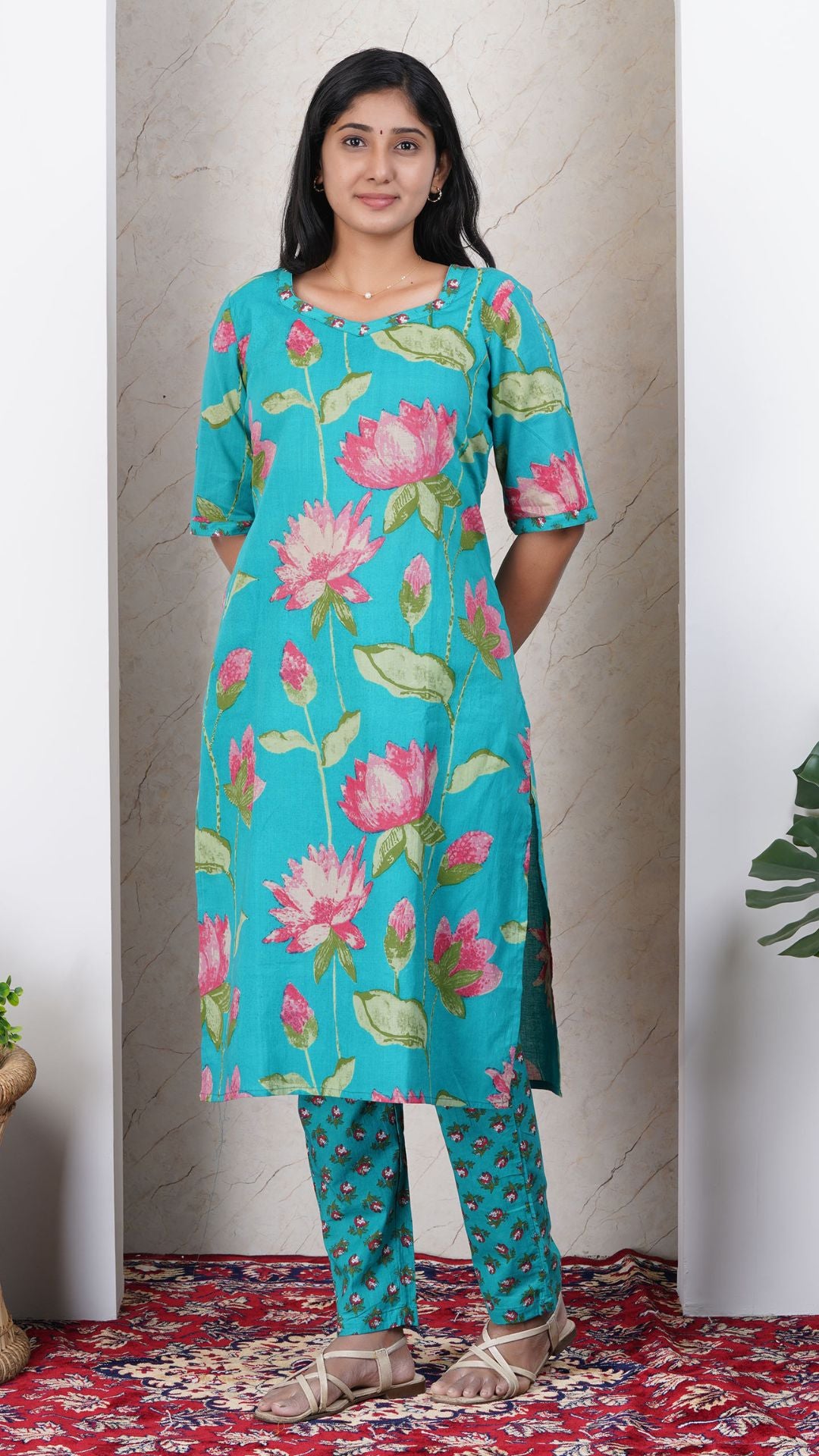 Teal Green Soft Printed Cotton Side Slit Kurta (Only Kurta )