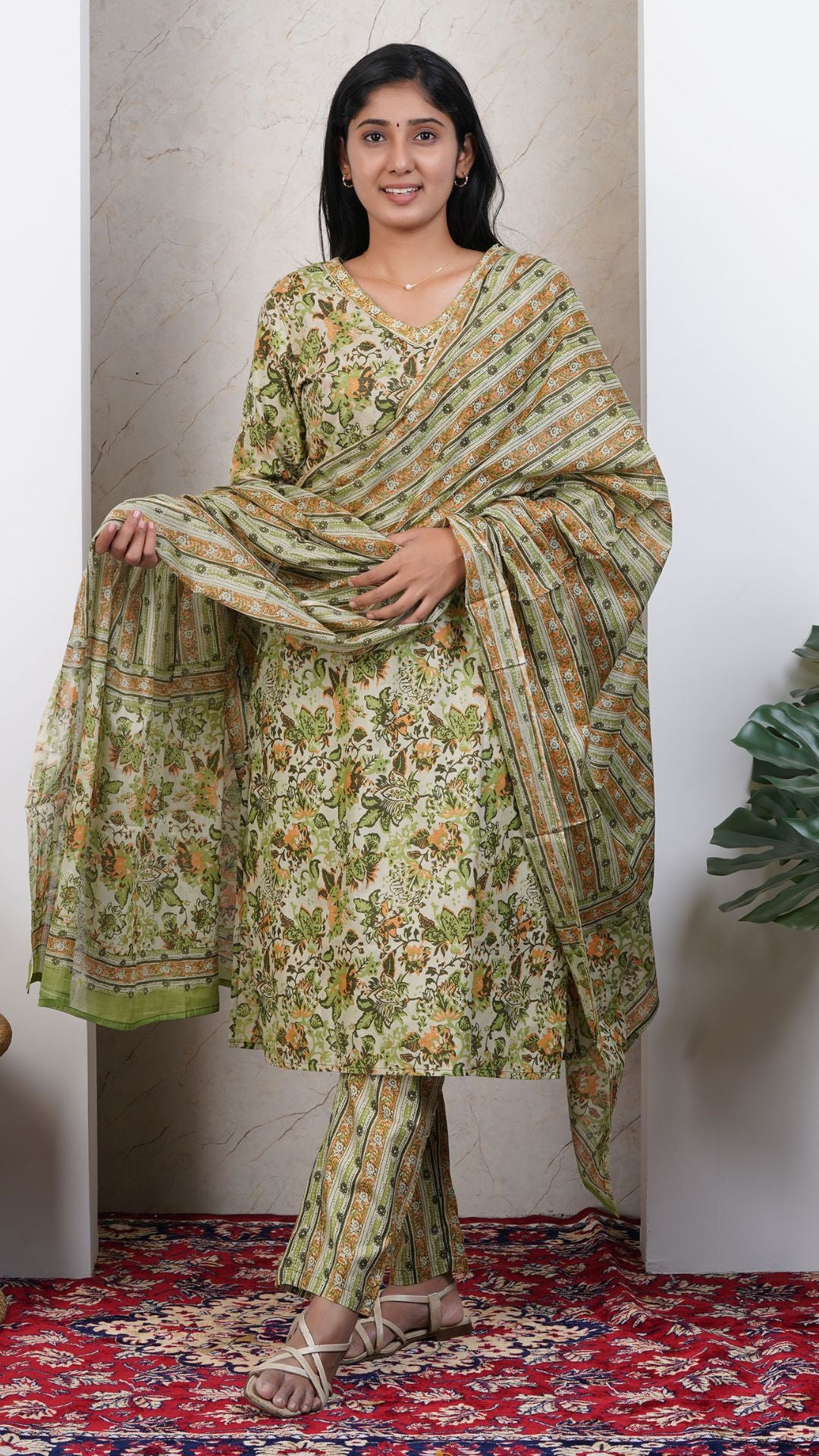Green Soft Printed Cotton 3 Piece Kurta Set for Women | Office & Daily Wear