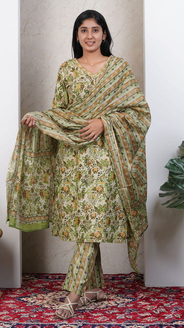 Green Soft Printed Cotton 3 Piece Kurta Set for Women | Office & Daily Wear