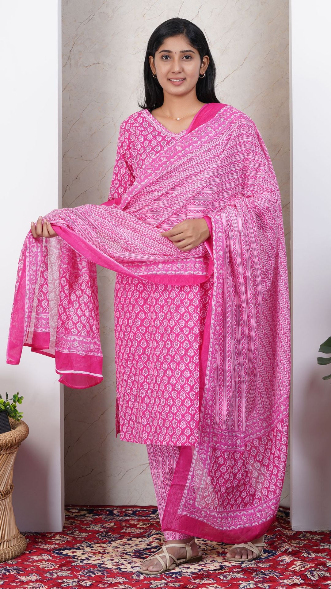 Pink Soft Printed Cotton 3 Piece Kurta Set for Women | Office & Daily Wear
