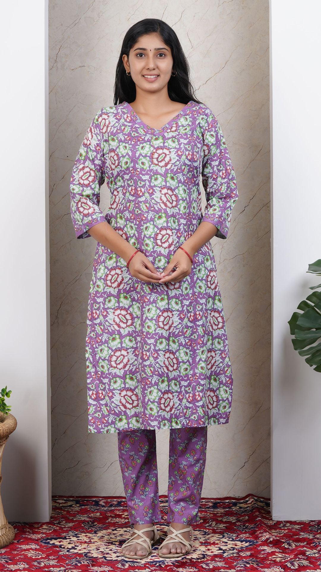 Lavender Printed Cotton Side Slit Kurta (Only Kurta)