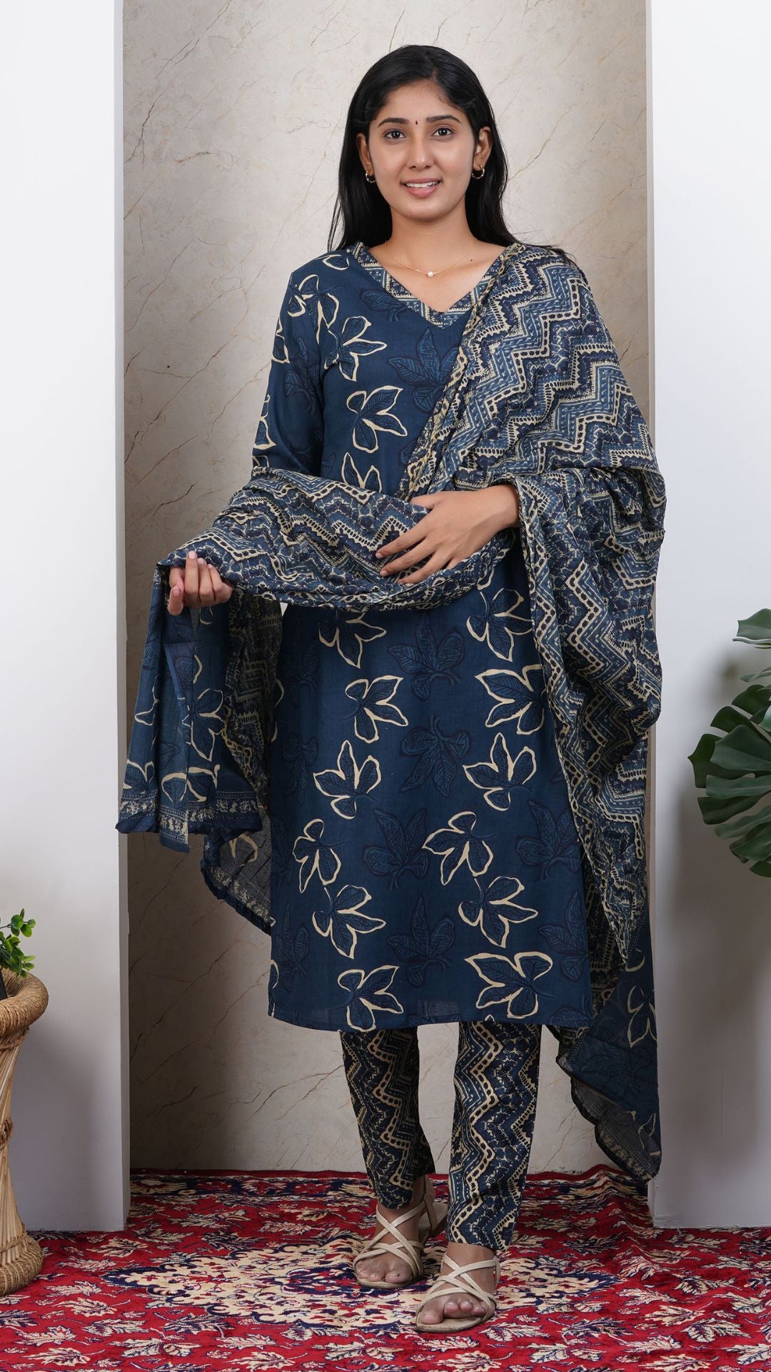Navy Blue Soft Printed Cotton 3 Piece Kurta Set for Women | Office & Daily Wear