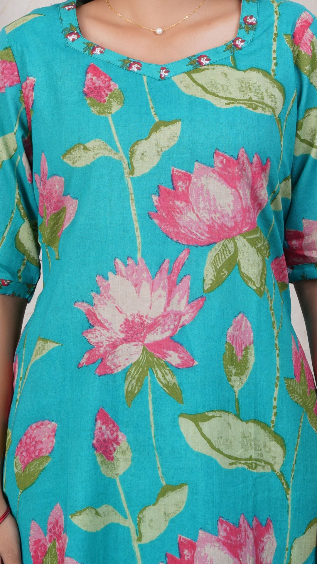 Teal Green Soft Printed Cotton Side Slit Kurta (Only Kurta )