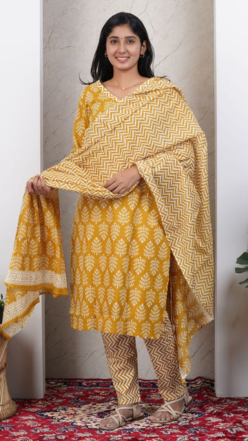 Yellow Soft Printed Cotton 3 Piece Kurta Set for Women | Office & Daily Wear