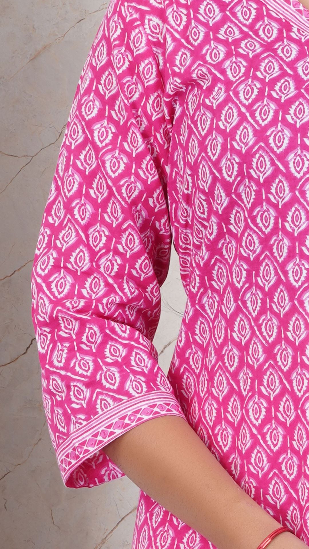 Pink Printed Cotton Side Slit Kurta (Only Kurta)