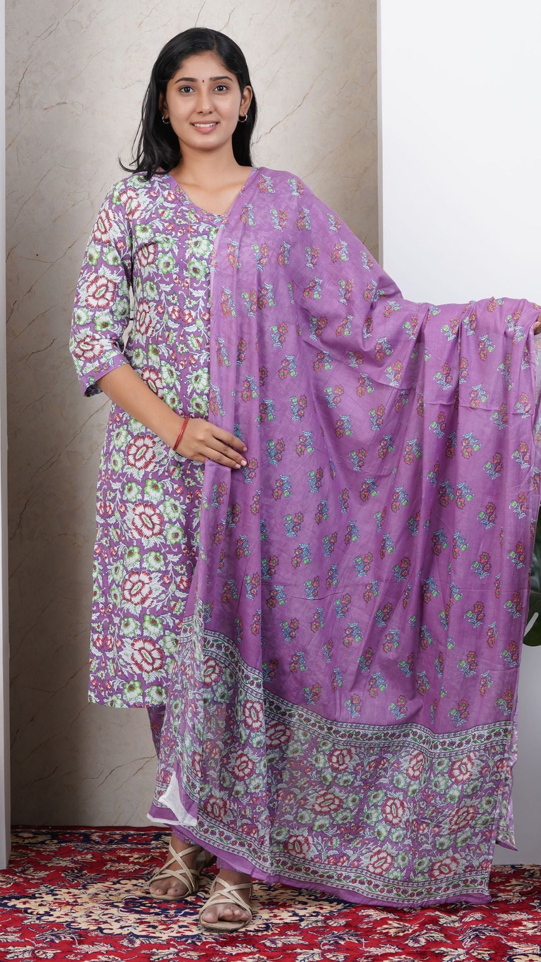 Lavender Soft Printed Cotton 3 Piece Kurta Set for Women | Office & Daily Wear