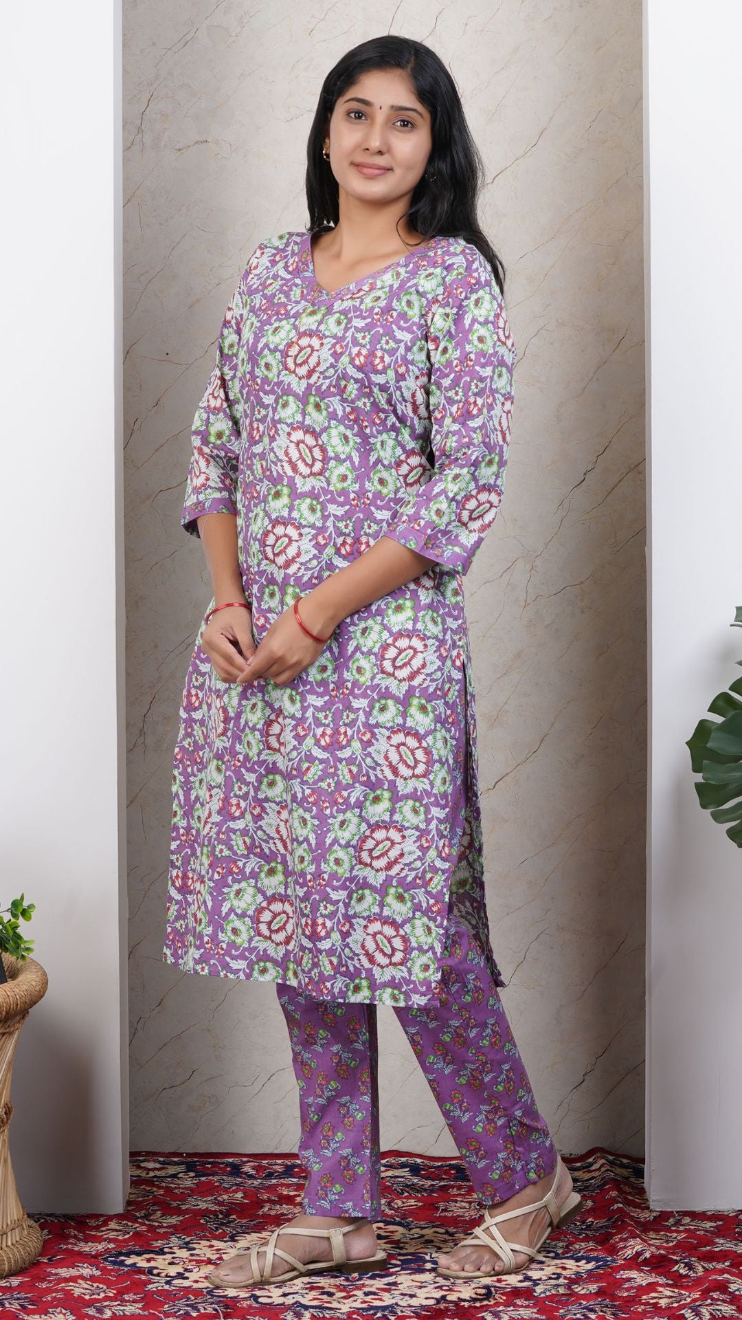 Lavender Printed Cotton Side Slit Kurta (Only Kurta)