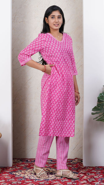 Pink Printed Cotton Side Slit Kurta (Only Kurta)