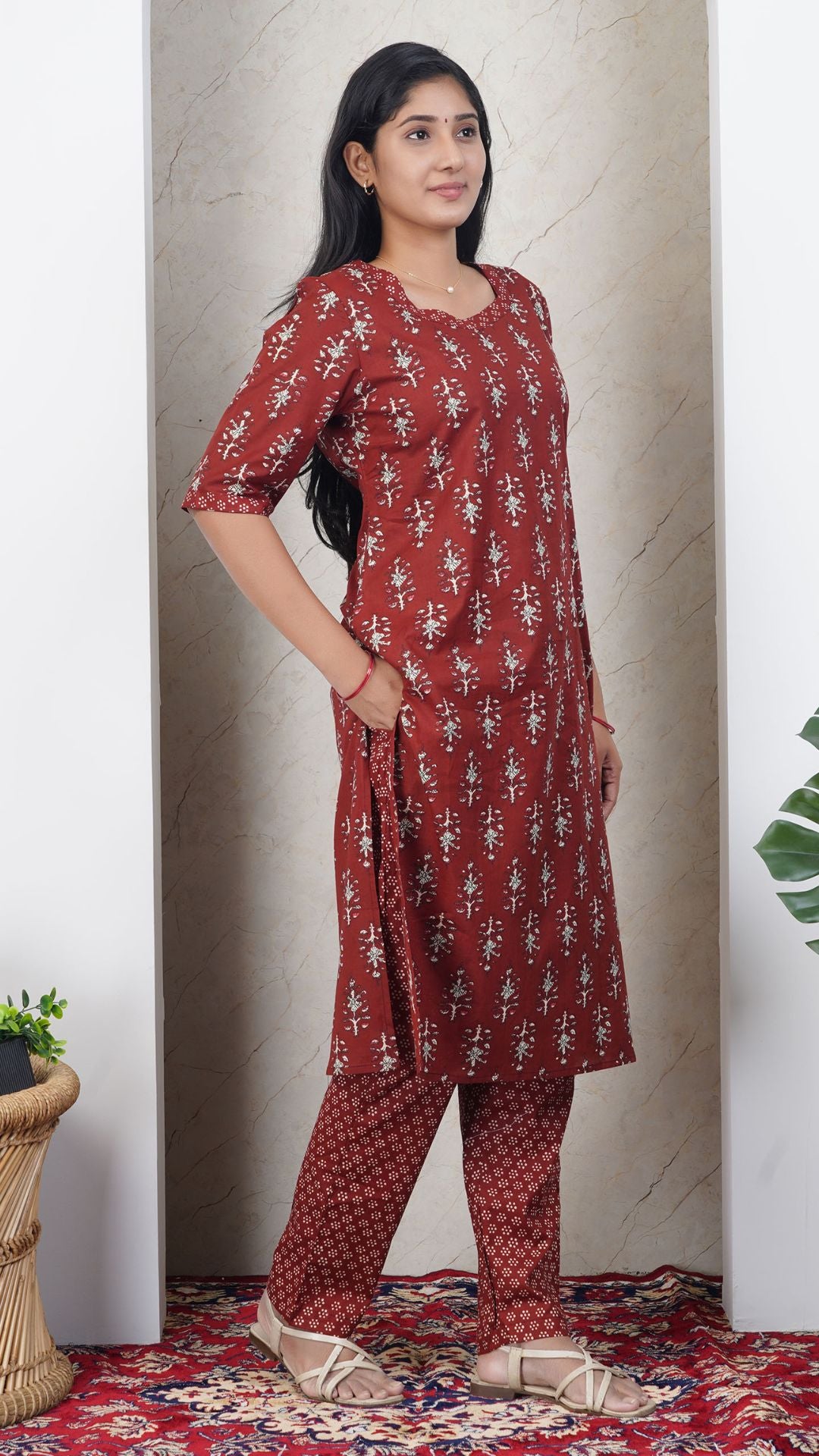 Maroon Soft Printed Cotton Side Slit Kurta  (Only Kurta )