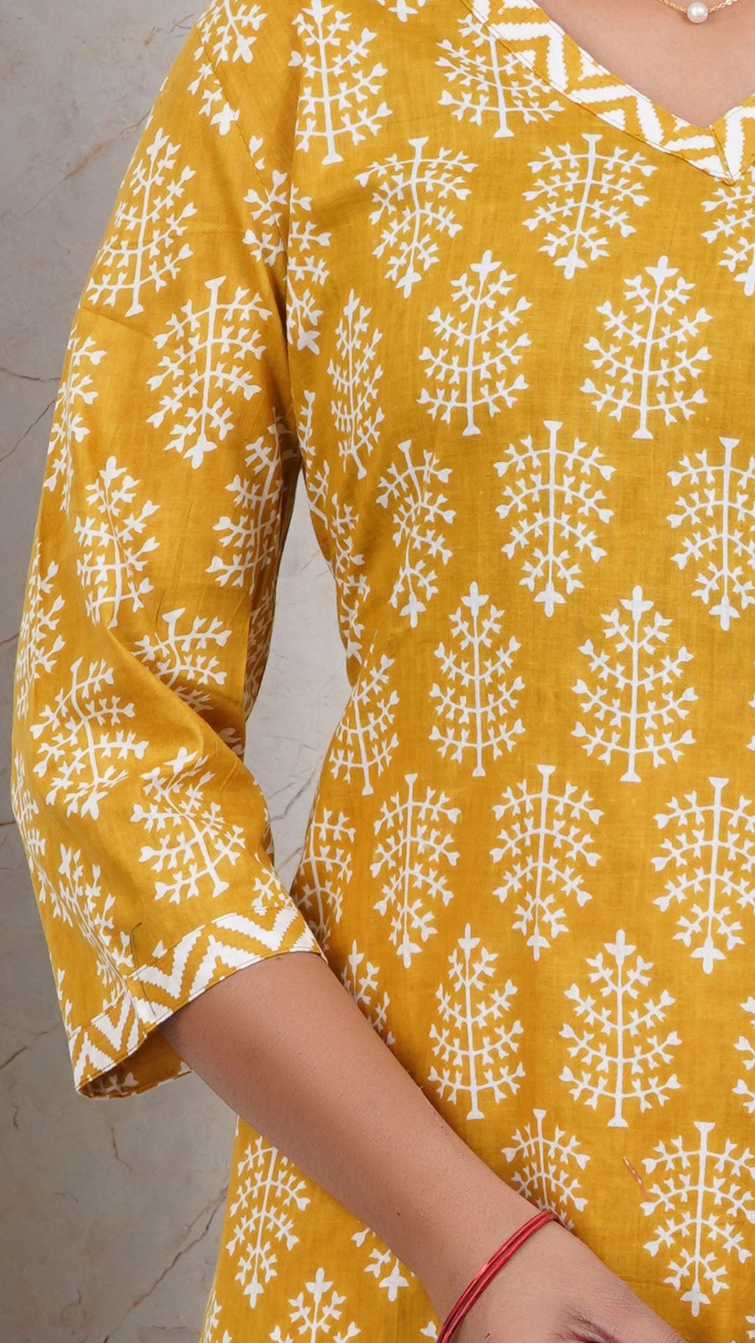 Yellow Printed Cotton Side Slit Kurta (Only Kurta)