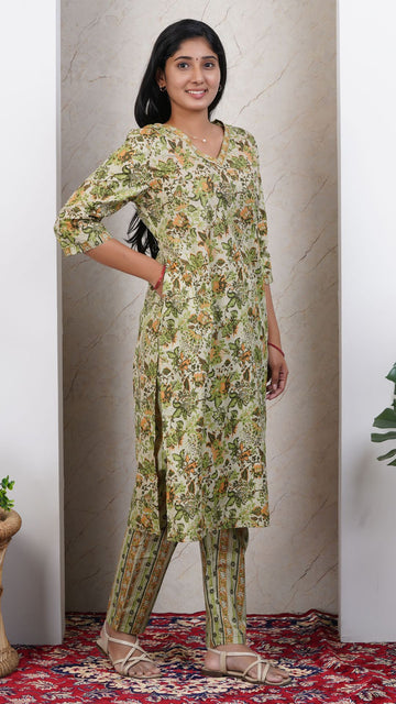 Green Printed Cotton Side Slit Kurta (Only Kurta)