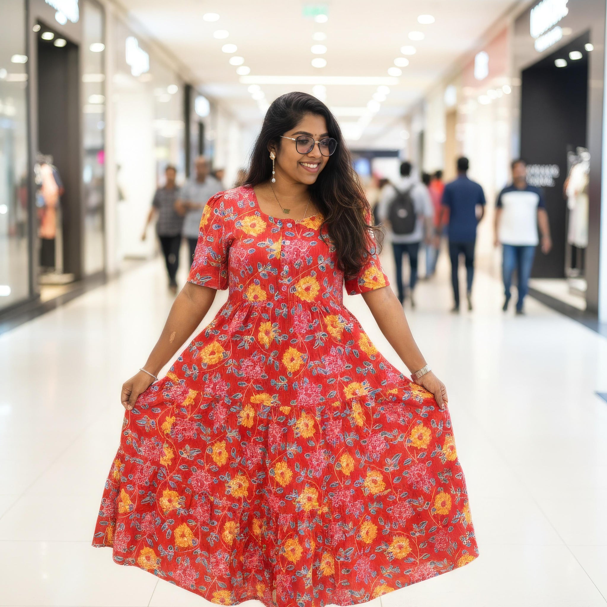 Red Hand Block Kantha Cotton Maxi Dress