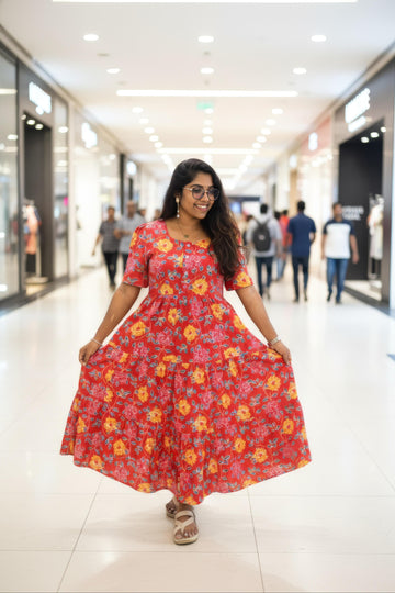 Red Hand Block Kantha Cotton Maxi Dress