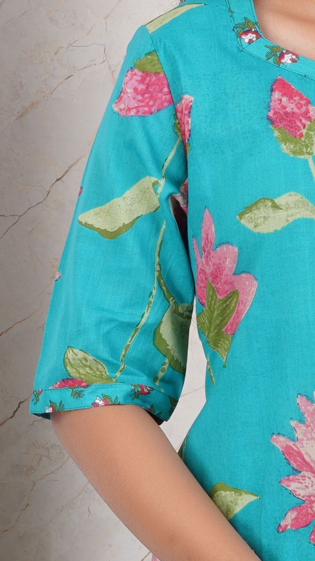 Teal Green Soft Printed Cotton Side Slit Kurta (Only Kurta )