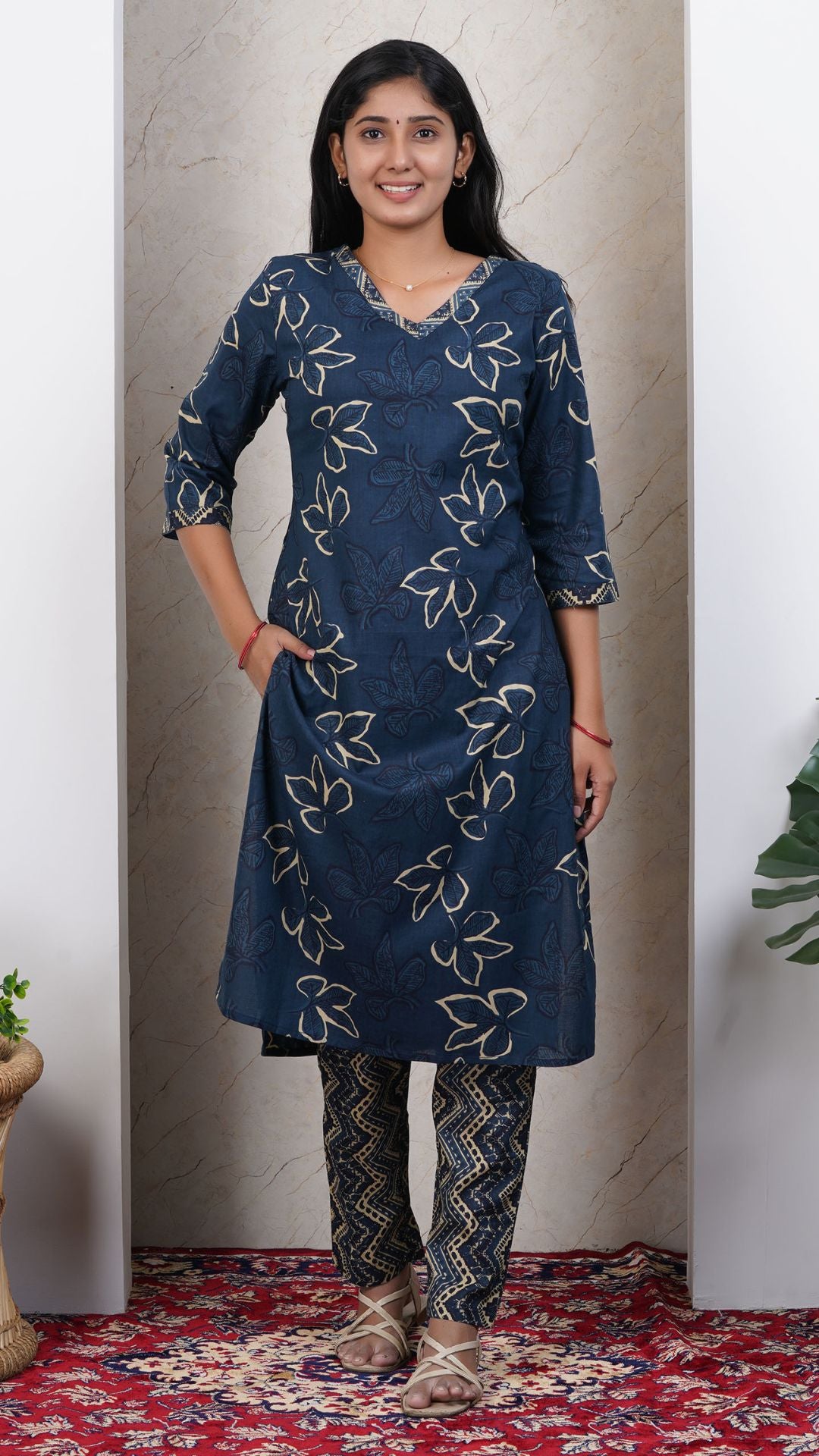 Navy Blue Soft Printed Cotton 3 Piece Kurta Set for Women | Office & Daily Wear