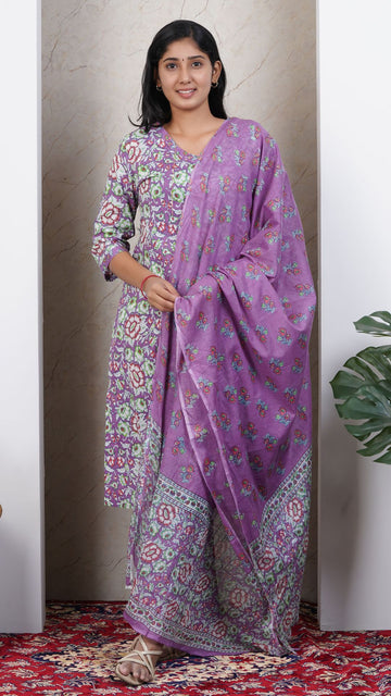 Lavender Soft Printed Cotton 3 Piece Kurta Set for Women | Office & Daily Wear