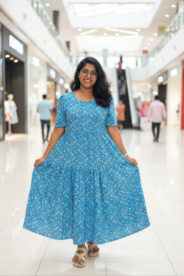 Sky Blue  Hand Block Printed Cotton Maxi Dress
