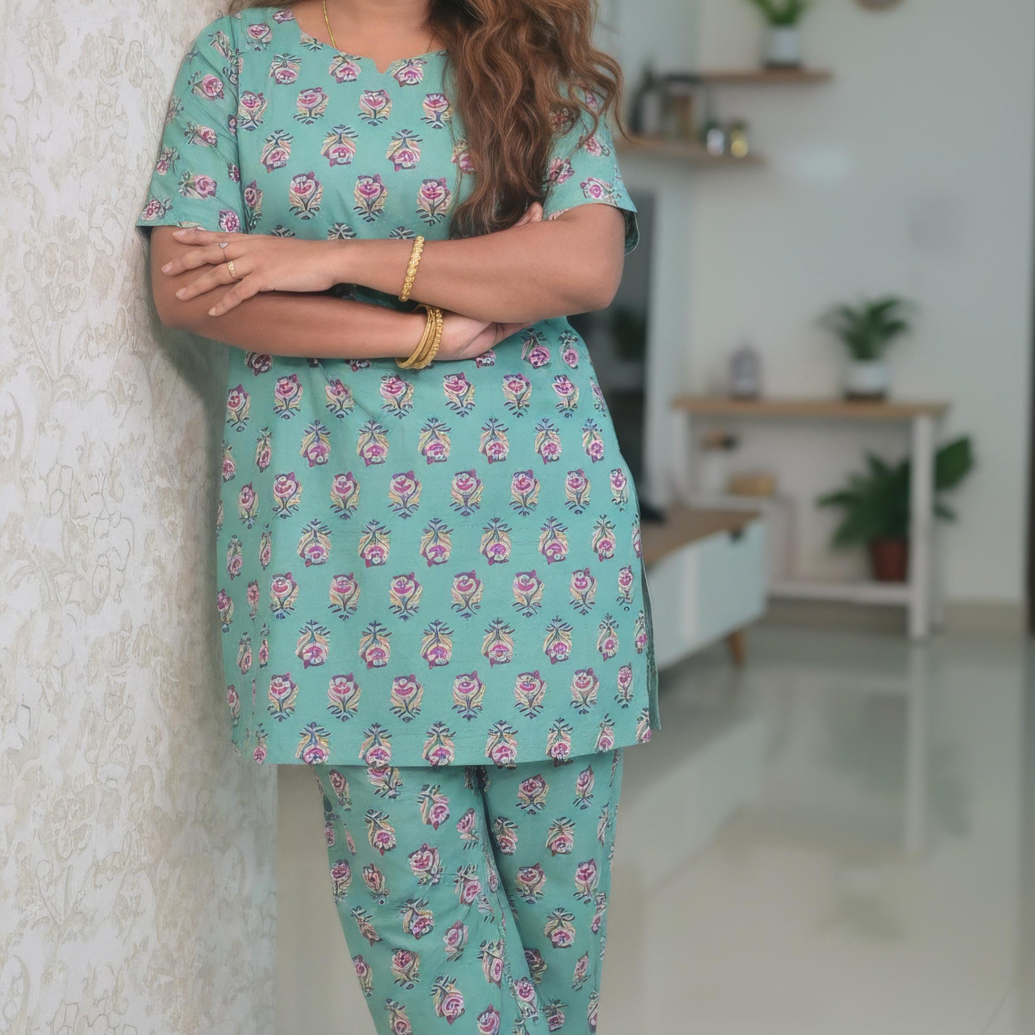 Light Teal Green Hand Block Printed Cotton Mid Length Kurti with Trouser Co-Ord Set