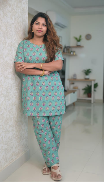 Light Teal Green Hand Block Printed Cotton Mid Length Kurti with Trouser Co-Ord Set