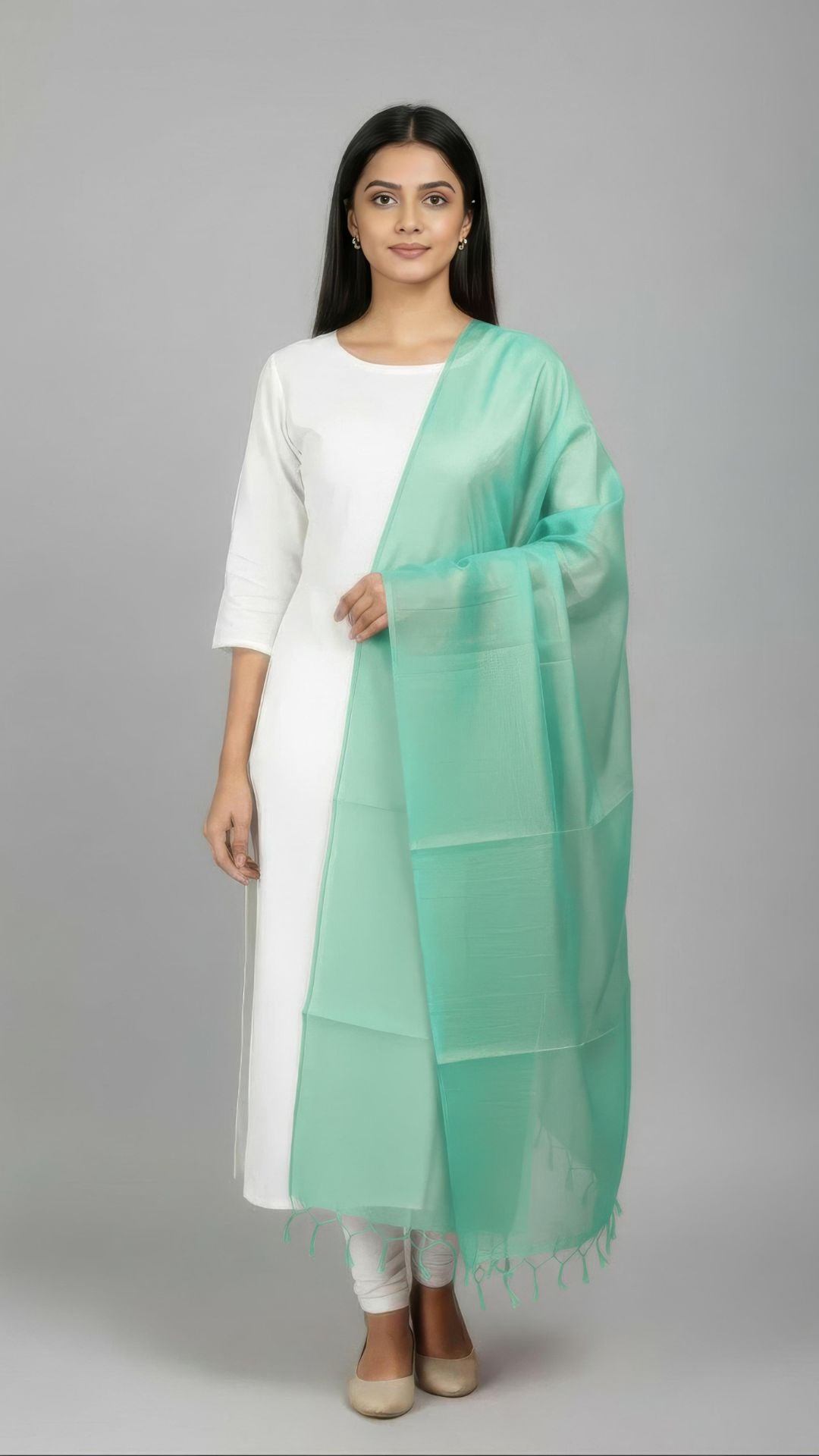 Light Teal Green Banarasi Plain Dupatta - 2.5 Mtr