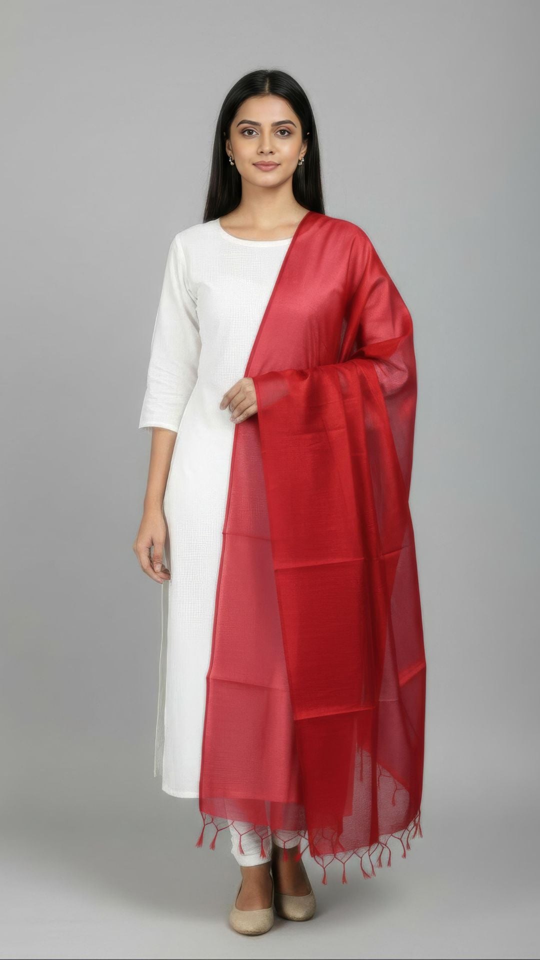 Red  Banarasi Plain Dupatta - 2.5 Mtr
