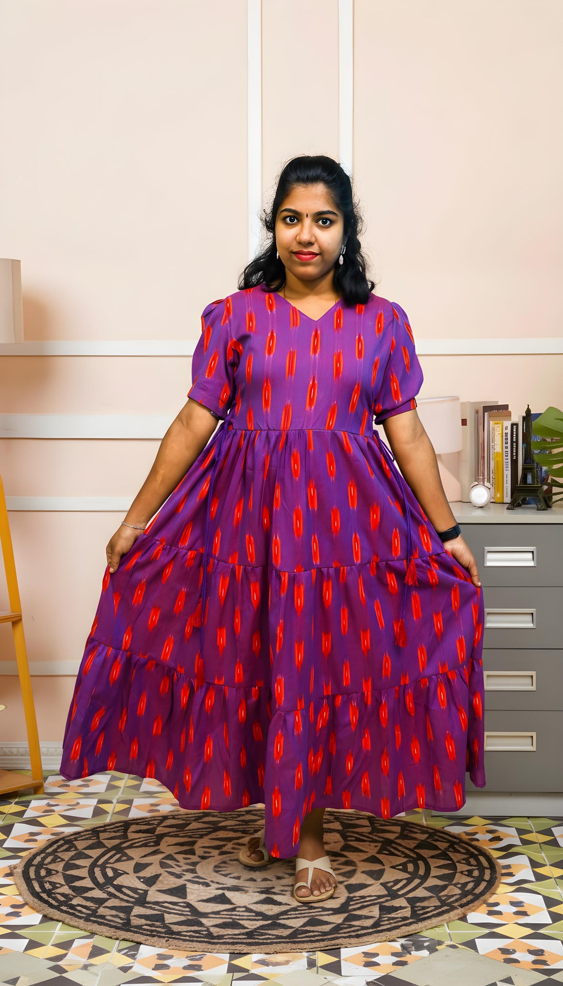 Dark Purple Ikkat Cotton Three Tier Maxi with Adjustable Side Corsets