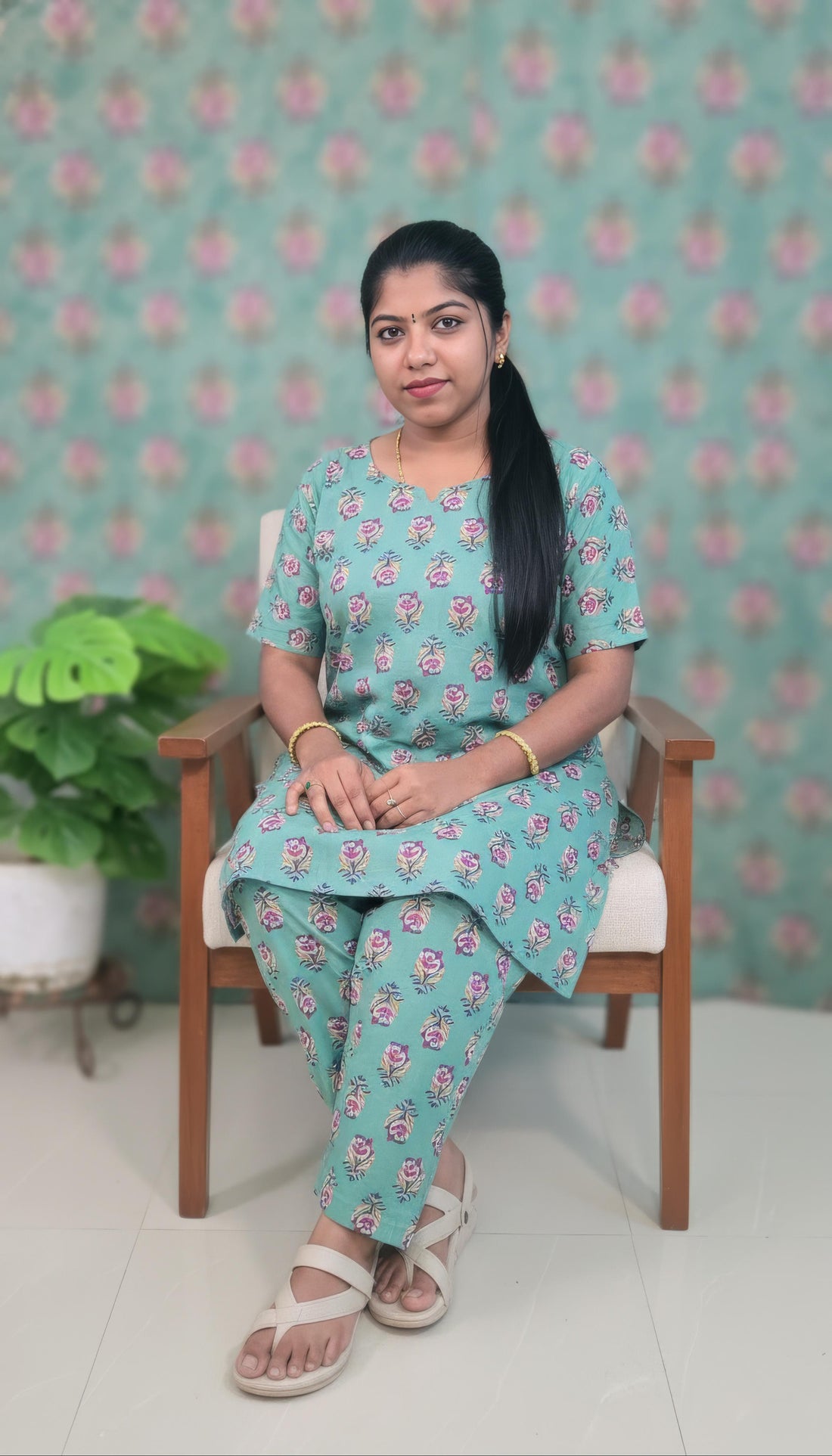 Light Teal Green Hand Block Printed Cotton Mid Length Kurti with Trouser Co-Ord Set