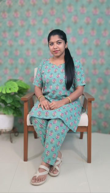 Light Teal Green Hand Block Printed Cotton Lounge Wear