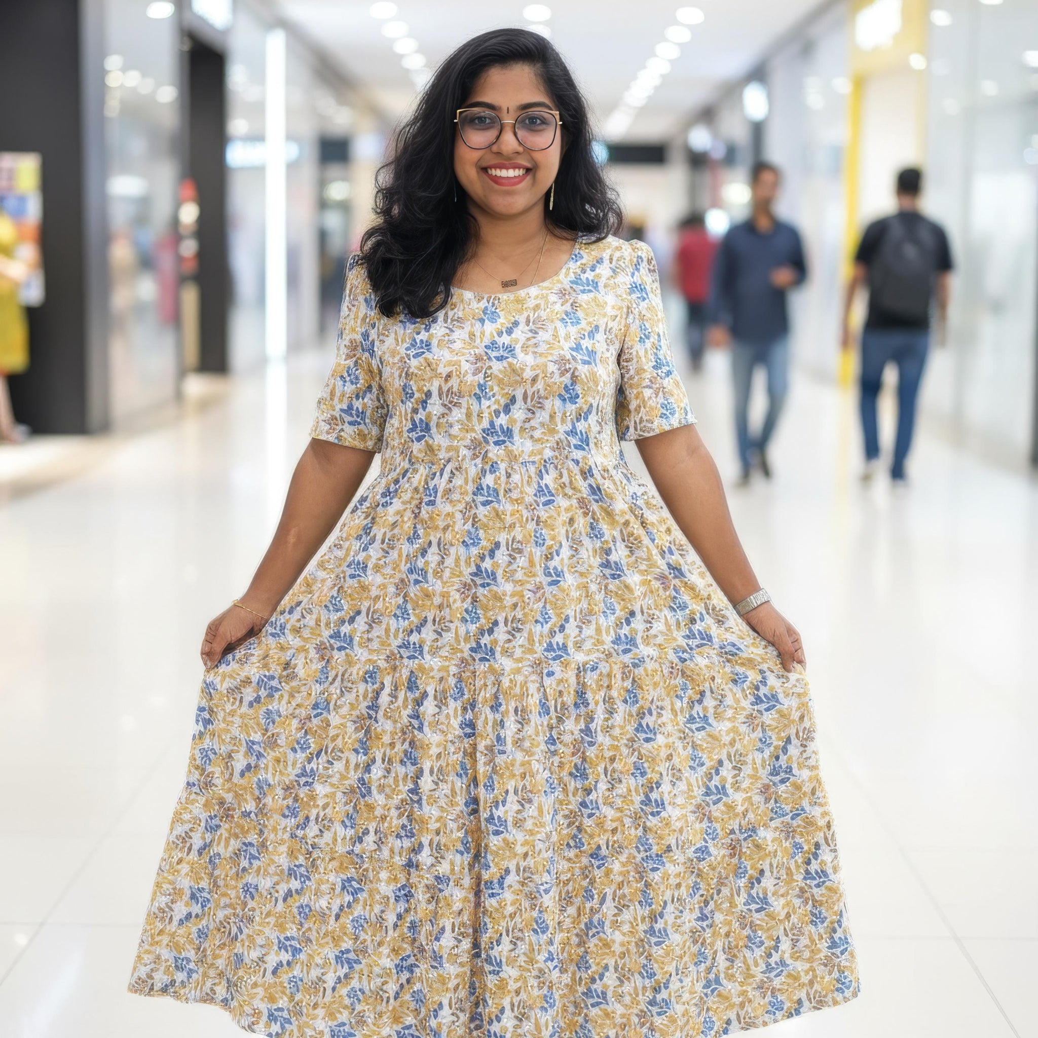 Off White  Hand Block Kantha Cotton Maxi Dress