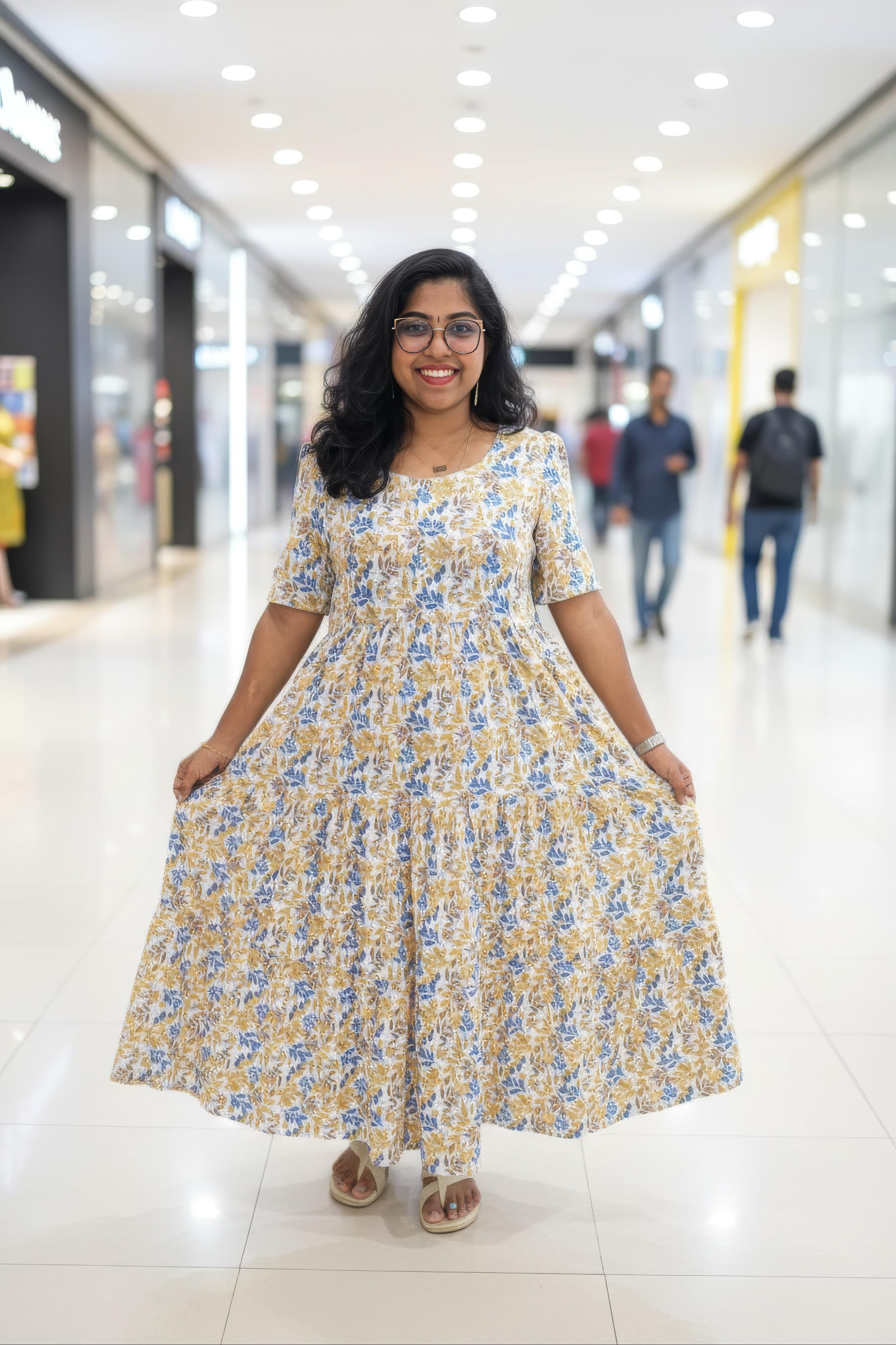 Off White  Hand Block Kantha Cotton Maxi Dress