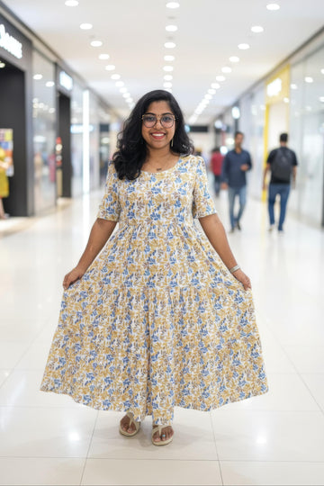 Off White  Hand Block Kantha Cotton Maxi Dress