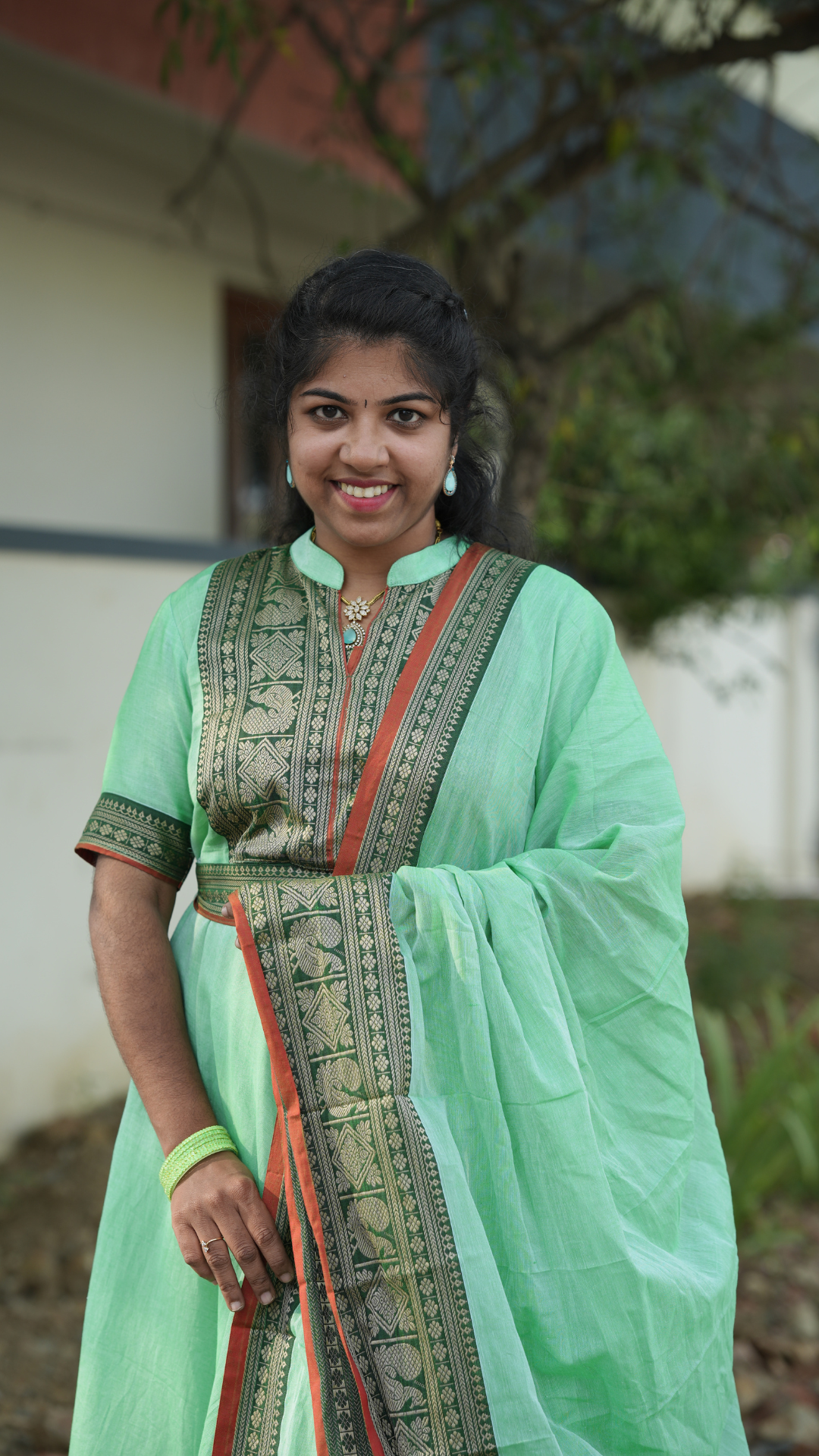 Light Green Narayanpet Maxi with Dupatta - Festive Edit