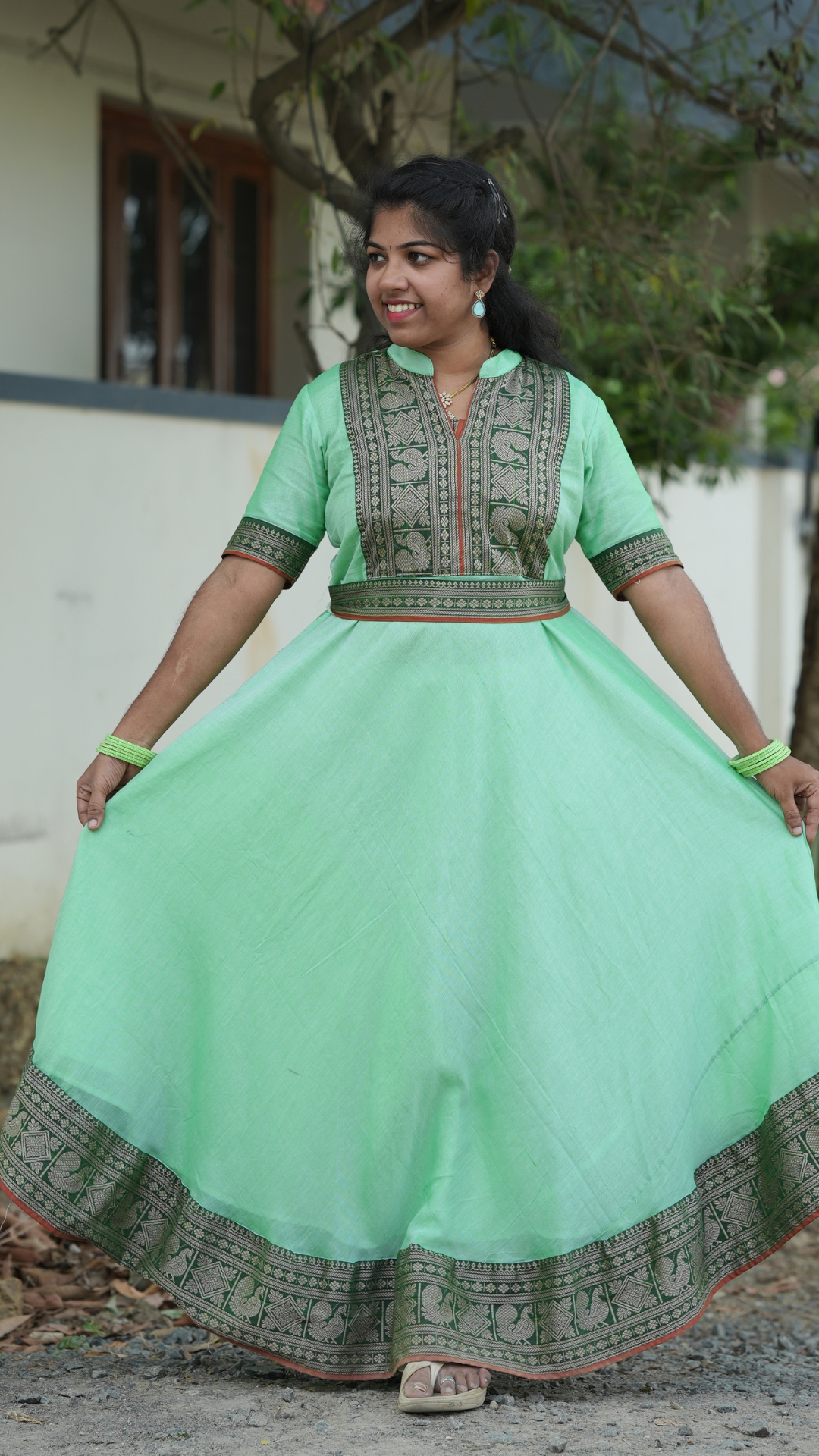 Light Green Narayanpet Maxi with Dupatta - Festive Edit