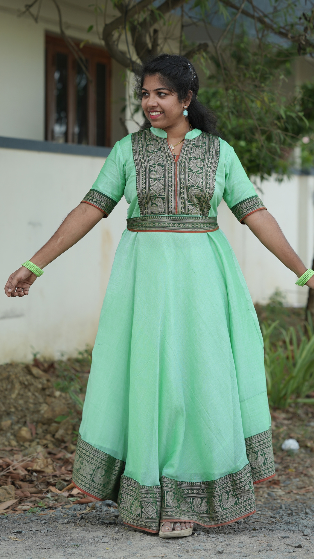 Light Green Narayanpet Maxi with Dupatta - Festive Edit