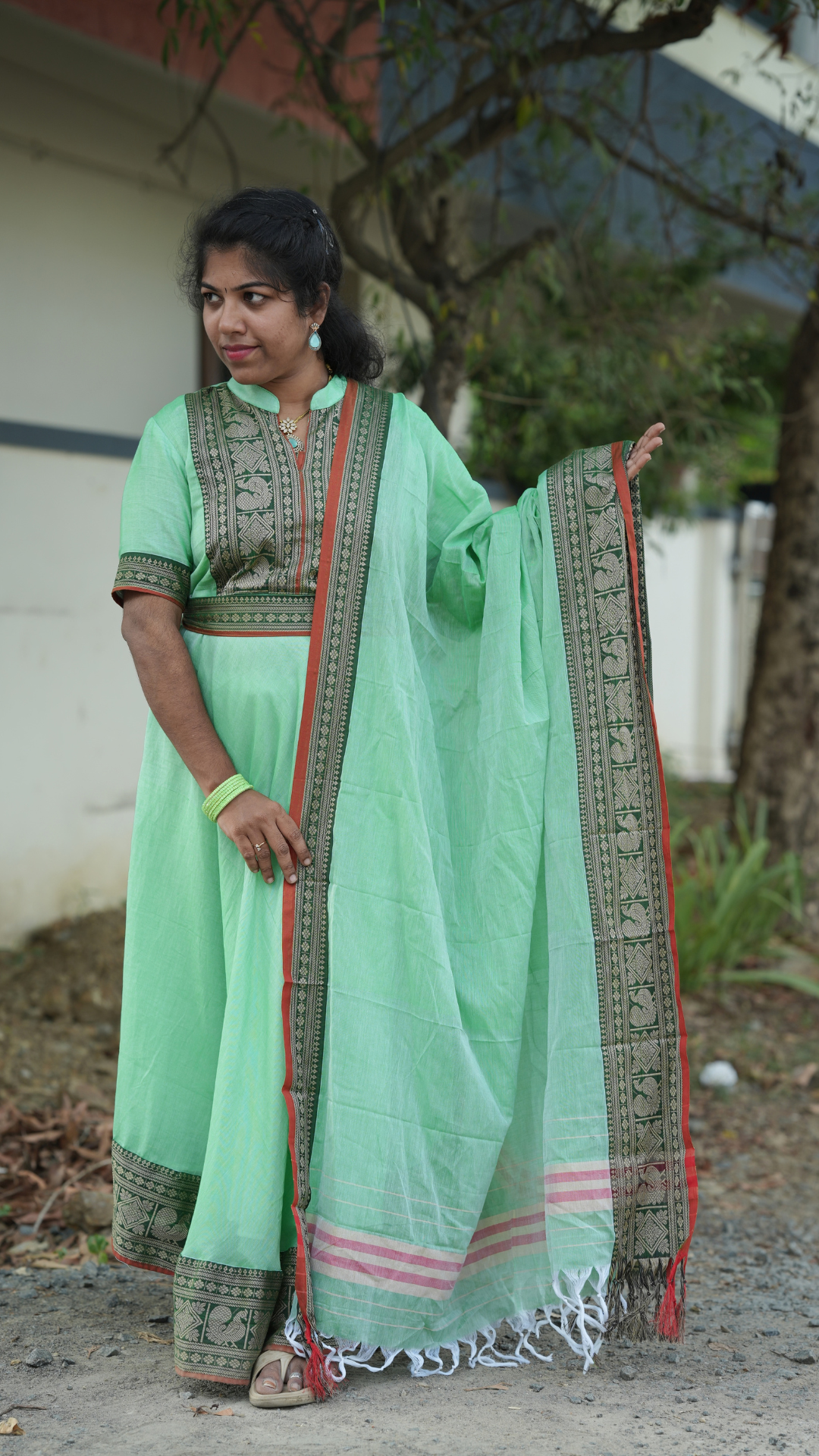Light Green Narayanpet Maxi with Dupatta - Festive Edit