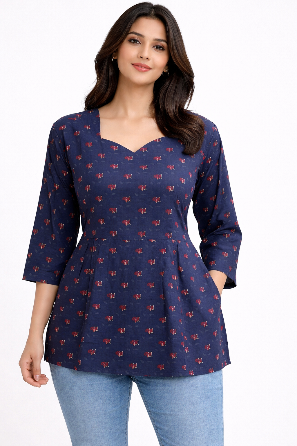 Navy Blue  Pure Cotton Peplum Short Kurti