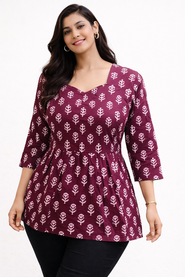 Wine Pure Cotton Peplum Short Kurti