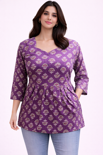 Purple Pure  Kantha Cotton Peplum Short Kurti