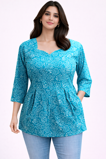Blue Pure Cotton Peplum Short Kurti