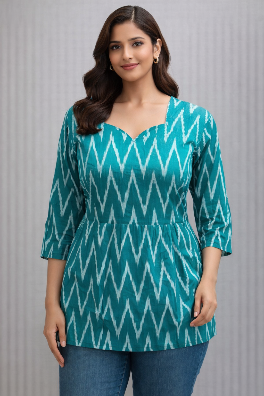 Green Pure Ikkat Cotton Peplum Short Kurti