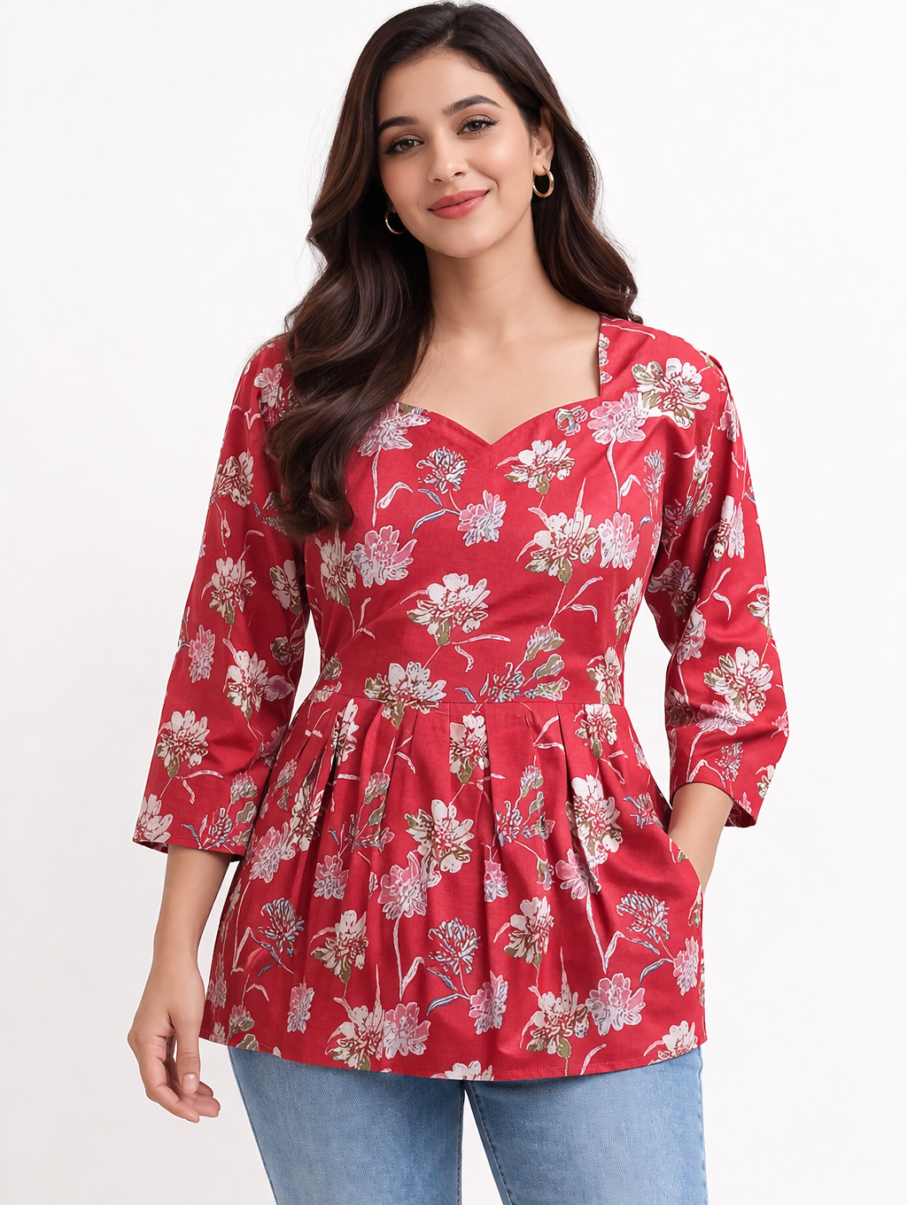 Red Pure Cotton Peplum Short Kurti