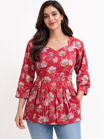 Red Pure Cotton Peplum Short Kurti