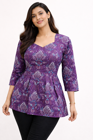 Purple Pure Cotton Peplum Short Kurti
