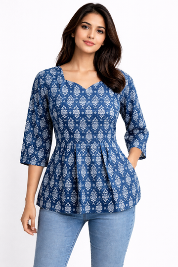 Ink Blue Pure Cotton Peplum Short Kurti