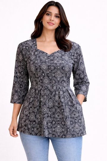 Black Pure Cotton Peplum Short Kurti