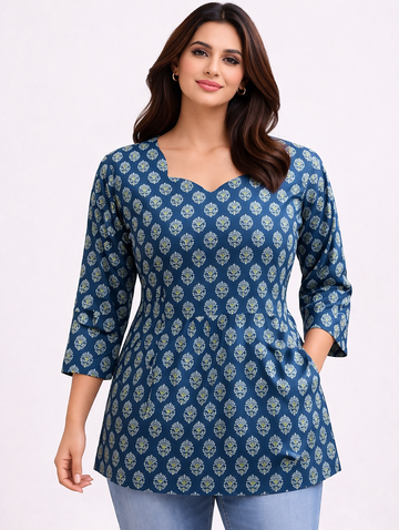 Blue Pure Cotton Peplum Short Kurti