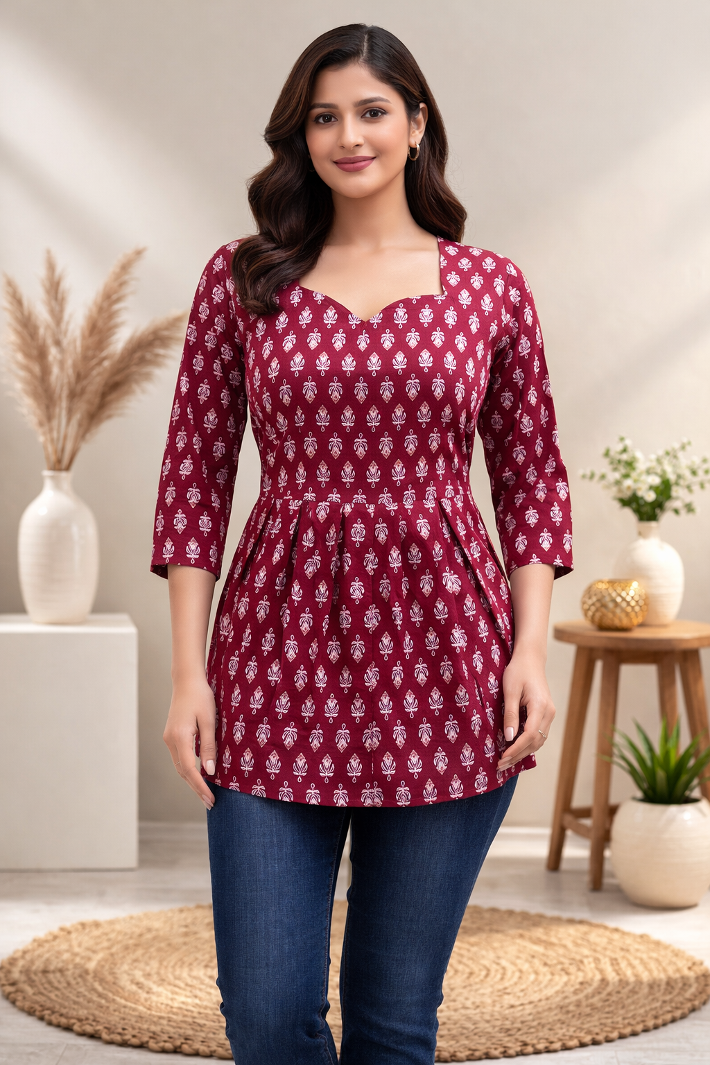 Red Pure Cotton Peplum Short Kurti