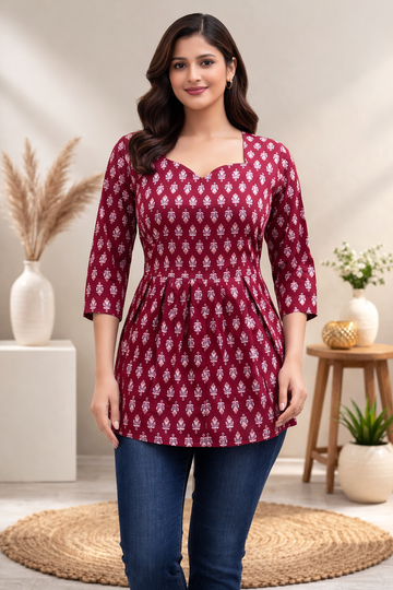 Red Pure Cotton Peplum Short Kurti