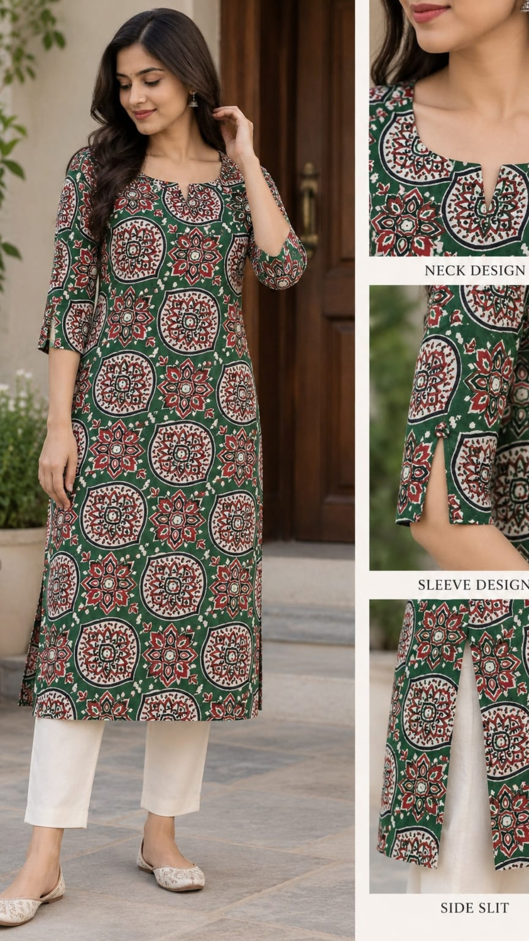 Green Pure Cotton Side Slit Kurta